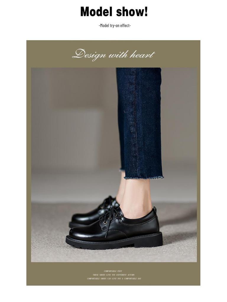 British Style Round Toe Women's Workplace Loafers - Lace-up, Thick Sole, Mid-Heel Leather Shoes