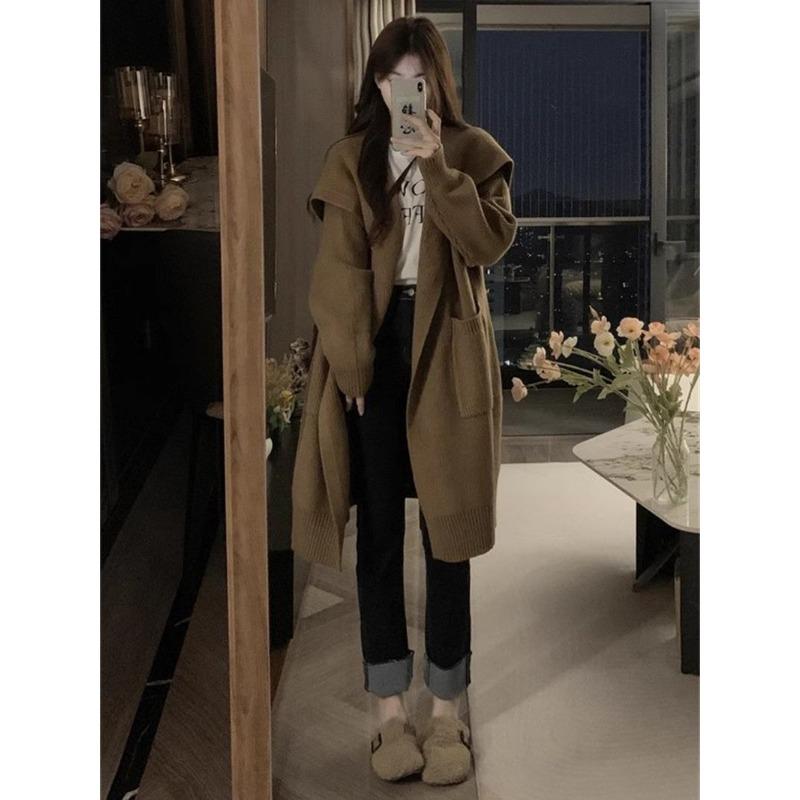 Thickened large sweater jacket women's autumn and winter medium and long loose lazy style retro knitted cardigan new