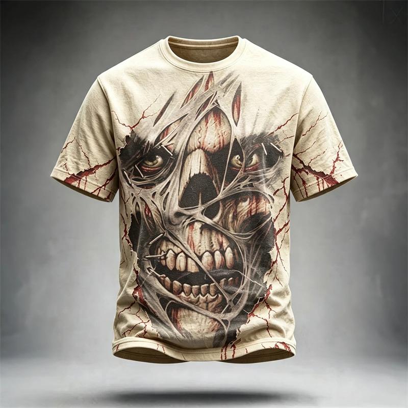 Men's Casual Round-Neck Short-Sleeve T-Shirt Trendy Men's Top with Flame and Skull Print  Shirt for Holiday Parties