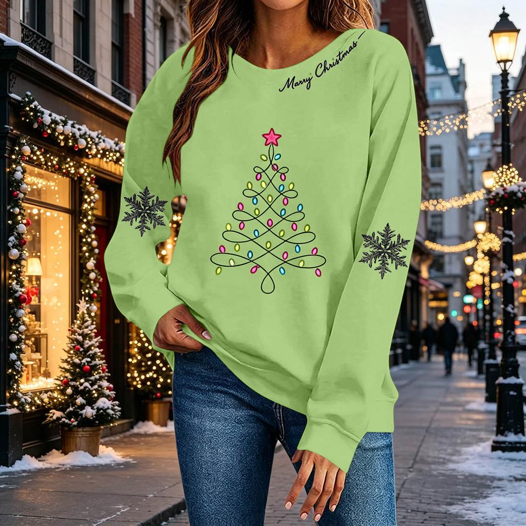 Women's Stylish Casual Christmas Print Pullover Sweatshirt for Holiday Party and Everyday Wear