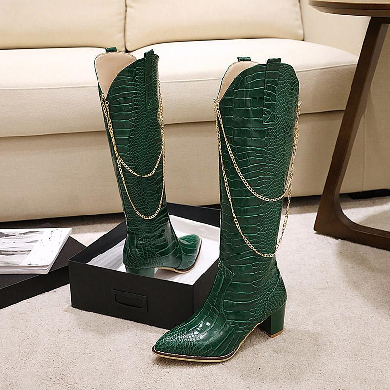 Women's high-heeled boots sexy European and American style crocodile pattern thick heel pointed large size medium boots