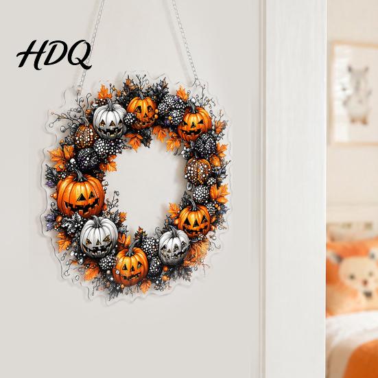 Spooky Halloween Welcome Plaque Pumpkin Pendant Decoration with Hanging Chain Waterproof Acrylic Wall Sign for Front Door Porch Window Indoor Outdoor