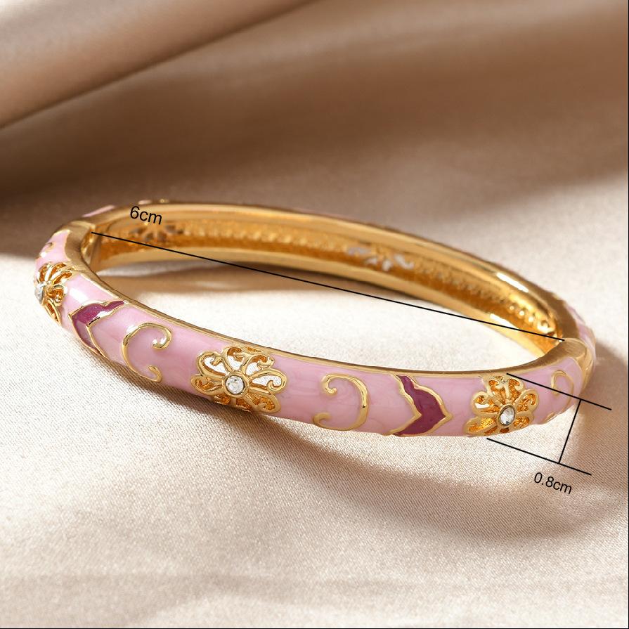 Stile Etnico Lusso Colore Oro Smalto Multicolor Fiore Zircone Bracciale rigido per Donna Fascino Sposa Bracciale a manetta Gioielli Bohemienne Regalo