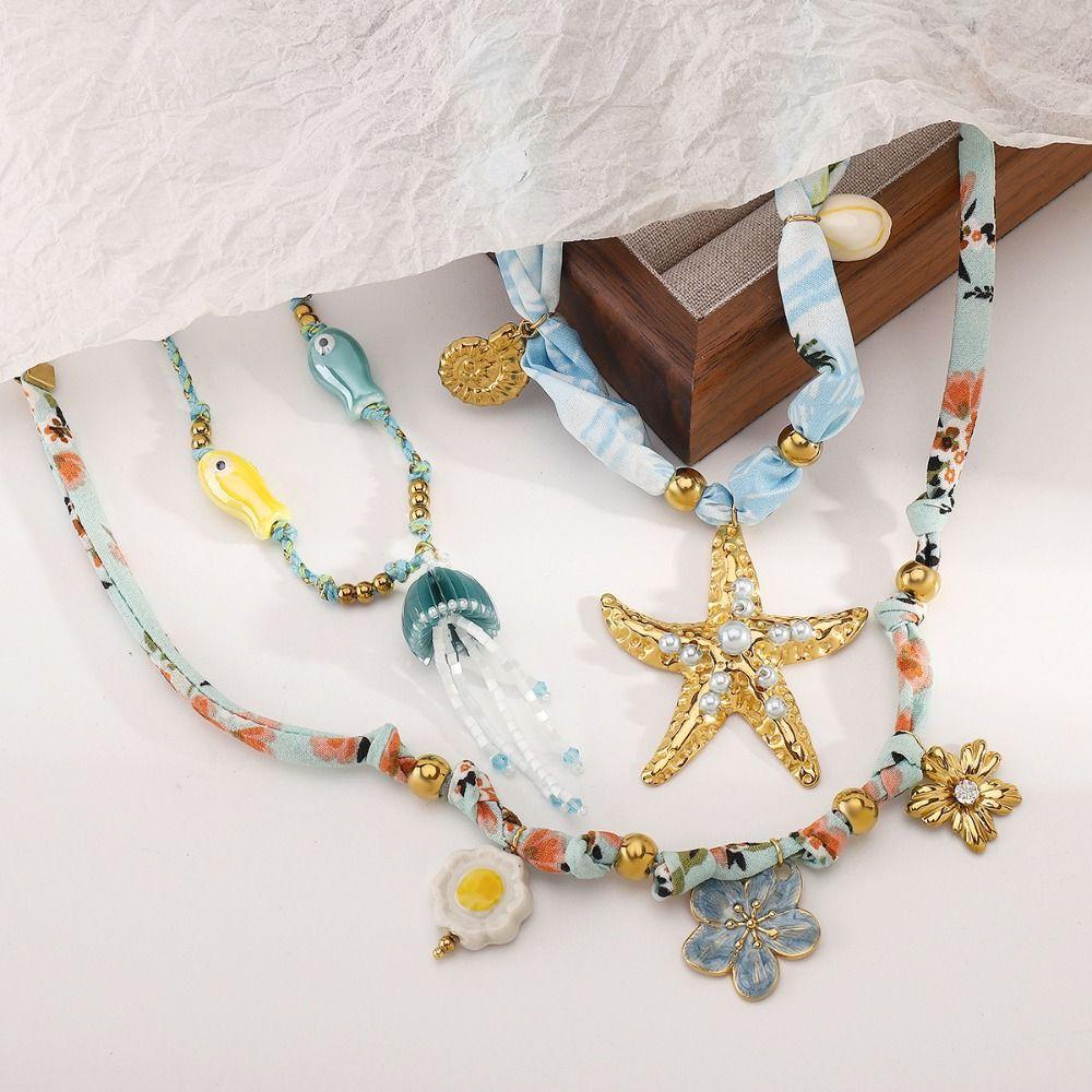Bohemian Starfish Floral Pendant Necklace Vintage Charm Pendant  Beach Jewelry