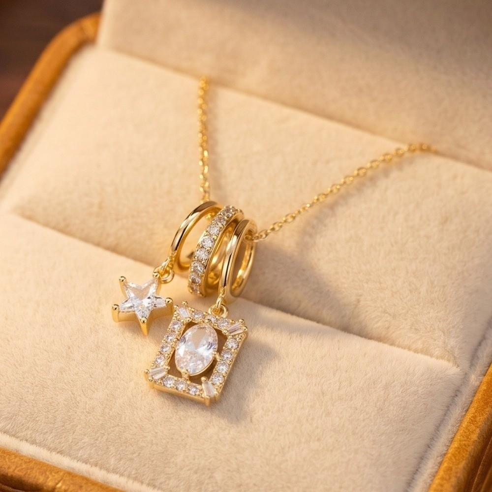 Charm Star Pendant Necklace Decoration Zircon Collarbone Chain Vintage Square Necklace  Girls