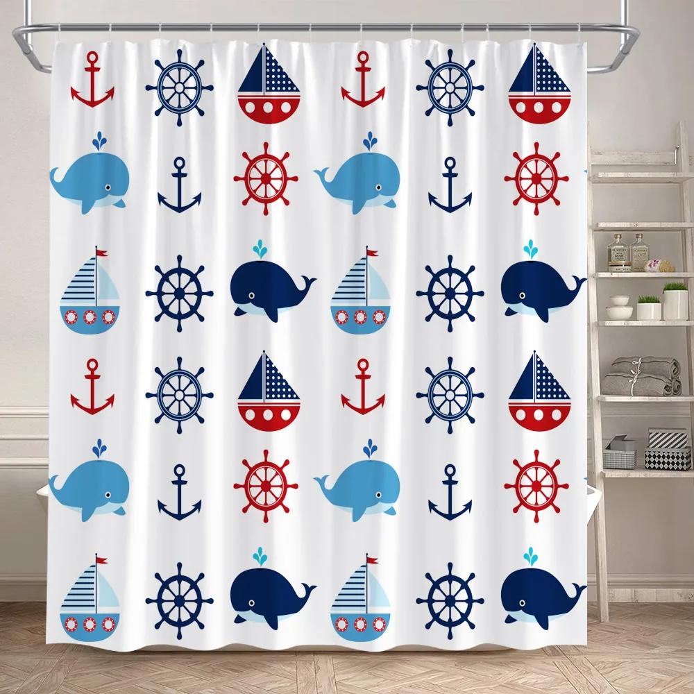 Blue And White Striped Shower Curtain Modern Geometric Nautical Anchor Bath Curtains Polyester Fabric Bathroom Decor with Hooks