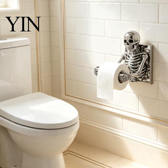 Spooky Restroom Wall Art Skeleton Toilet Paper Holder, Mount Skull Tissue Gothic Bathroom Decor Roll Organizer Stand, Halloween Decoration for