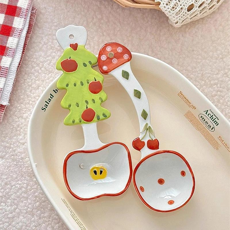 Underglaze Colored Ceramic Spoon Cute Christmas Cherry Scoop New Kitchen Cooking Utensil for Dessert Soup Long Handle Soup Spoon