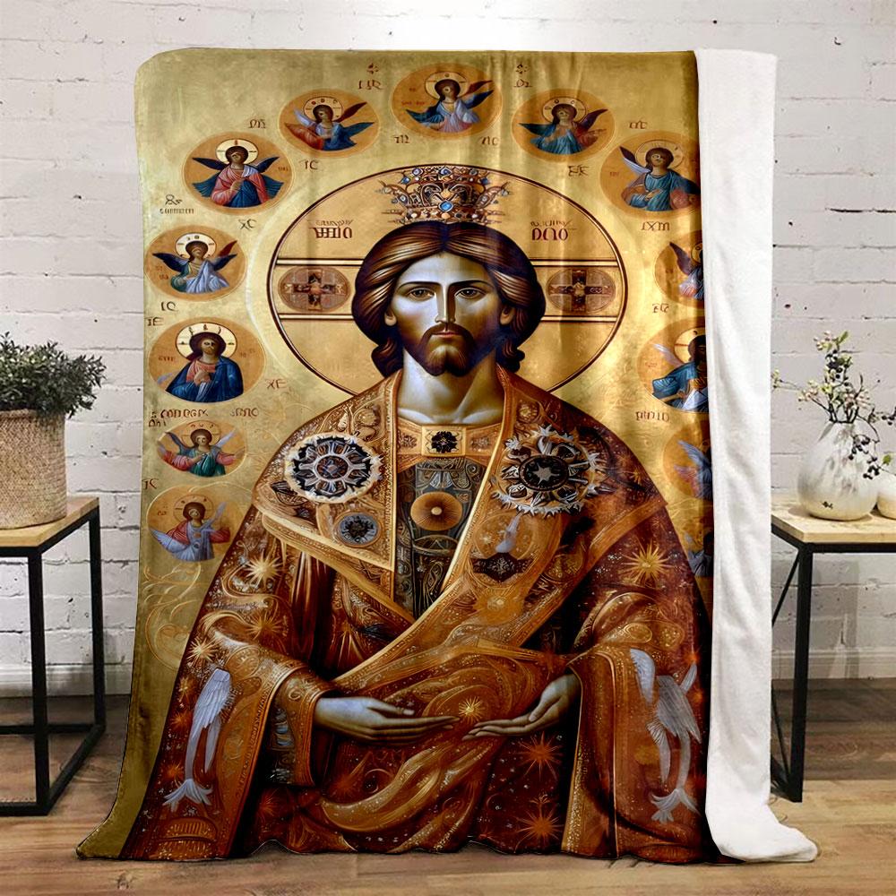 Gold Intricate Robes Adorned with Celestial and Angelic Motifs. for All Seasons Blanket Lunch Break Throw Gift