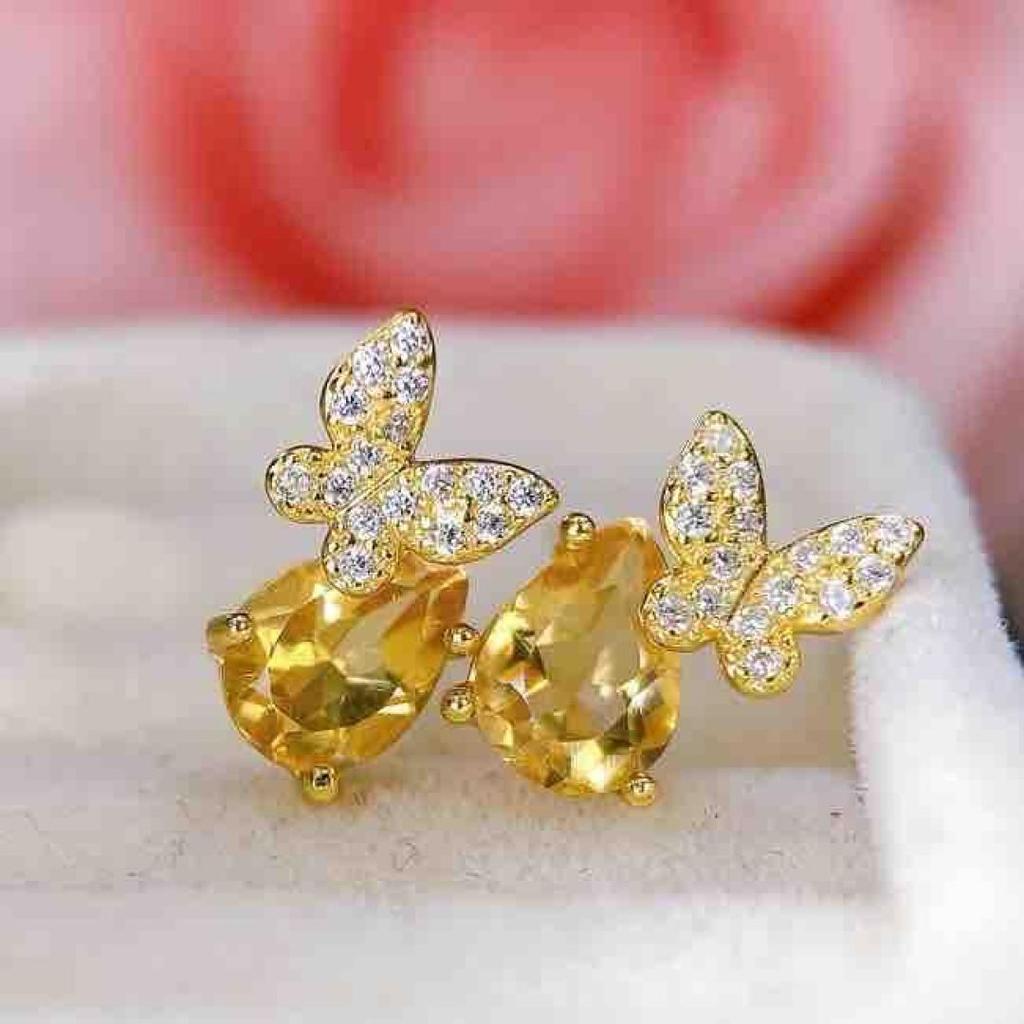 Citrine Stud Earrings: S925 Silver with Natural Design