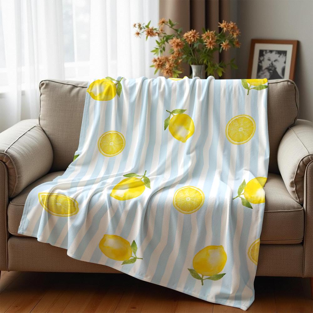 Blue Stripe Watercolor Lemon Anime Cartoon Flannel Blanket Soft Warm Throw for Bedroom Sofa Car Kids Holiday Gift