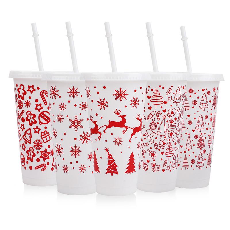 5Pack 24oz Christmas Plastic Cup with Lids Straws Reusable Christmas Juice Coffee Drinking Cups 2026 New Year Gifts Xmas Navidad