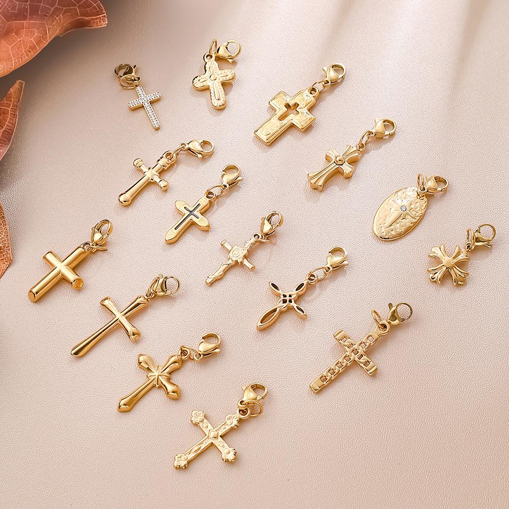 Personalized Retro Style Engraved Three-Dimensional Cross Series Lobster Buckle Pendant Stainless Steel Gold Diy Accessories