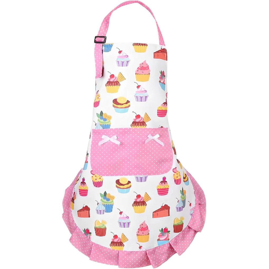 Cupcake Kids Apron, Pink, Cute Sweet Cake Baking Apron with 2 Pockets, Adjustable Chef Bib Apron, Aprons Gifts for Cooking, Baking, Painting, and