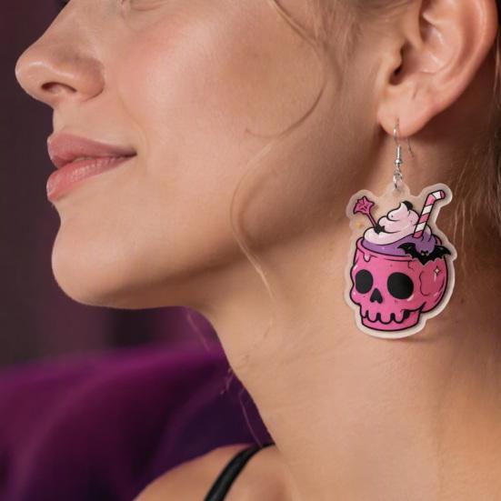Halloween Theme Party Decor 1 Pair 2D Acrylic Earrings for Women, Spooky Pumpkin Skull Cool Aesthetic Black Cat Dangle Drop Earrings, Holiday Jewelry