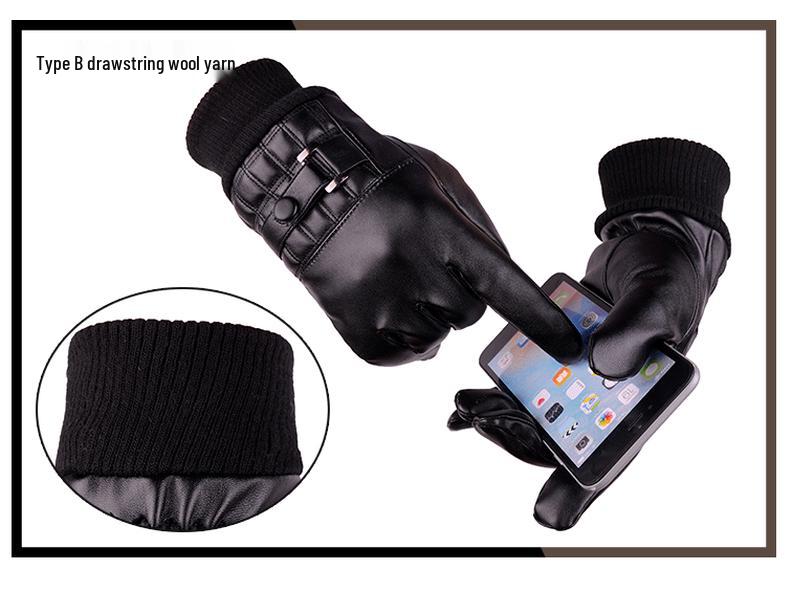 Men's Black Leather Touchscreen Gloves for Riding - Fleece-Lined, Warm, Thin, for Autumn and Winter.