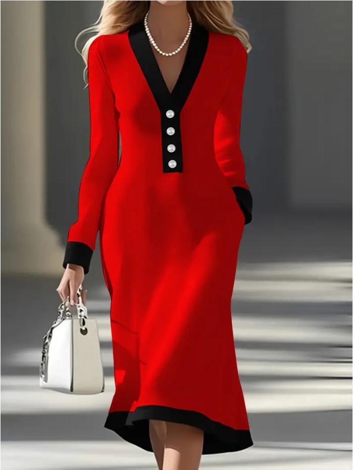 2026 European & American Elegant V-Neck Color Block Mid-Length Spring/Autumn Dress
