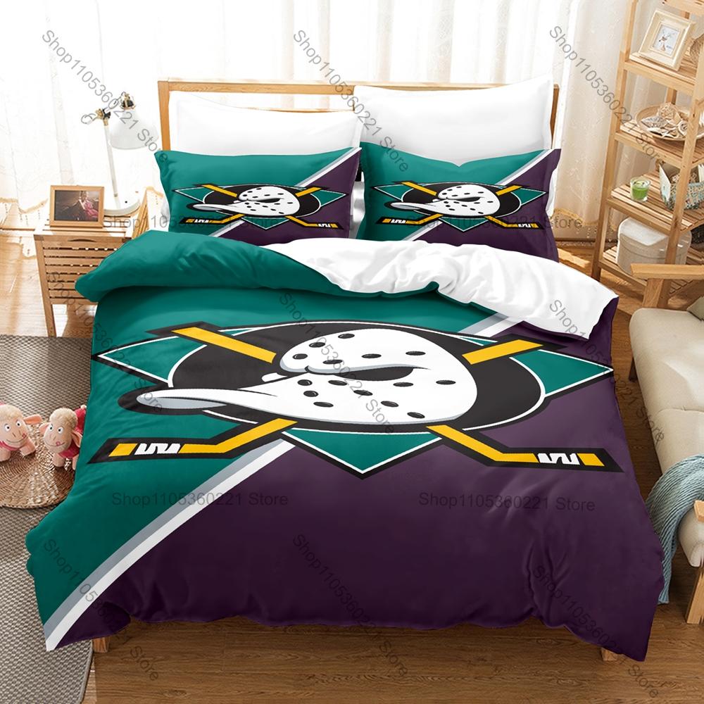 Ice Hockey Duck Bedding Set Duvet Cover + 2 Pillowcases Cute Cartoon Duck Ice Rink Sport Funny Animal Bedroom Decor