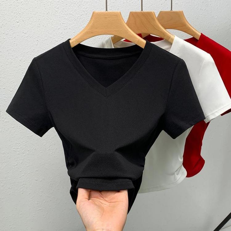 Women Summer Short Sleeve V Neck Solid Color Cotton T Shirt Curved Hem Waist Top New Fashion Casual Blouse