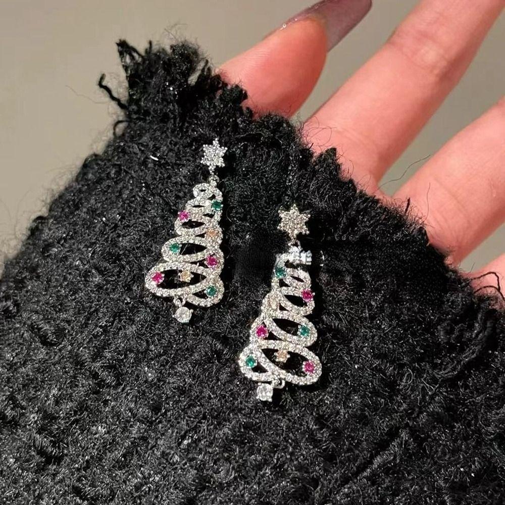 Gold Rhinestone Dangle Earrings Zinc Zinc Alloy Christmas Earrings Trendy Christmas Tree Earrings  Girl