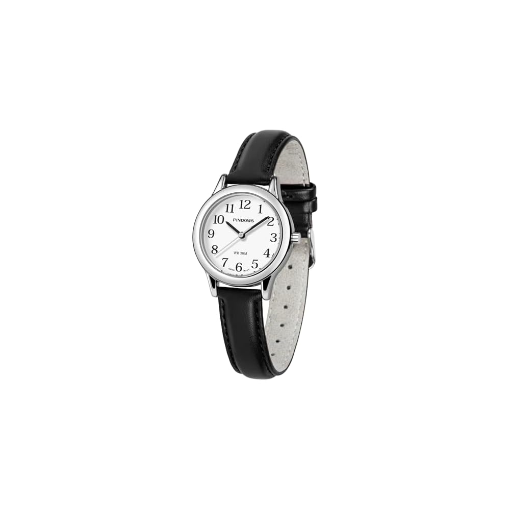 PINDOWS Women s Slim Minimalist Quartz Analog Watch Black Leather Strap Gold Tone Case Elegant Everyday Timepiece