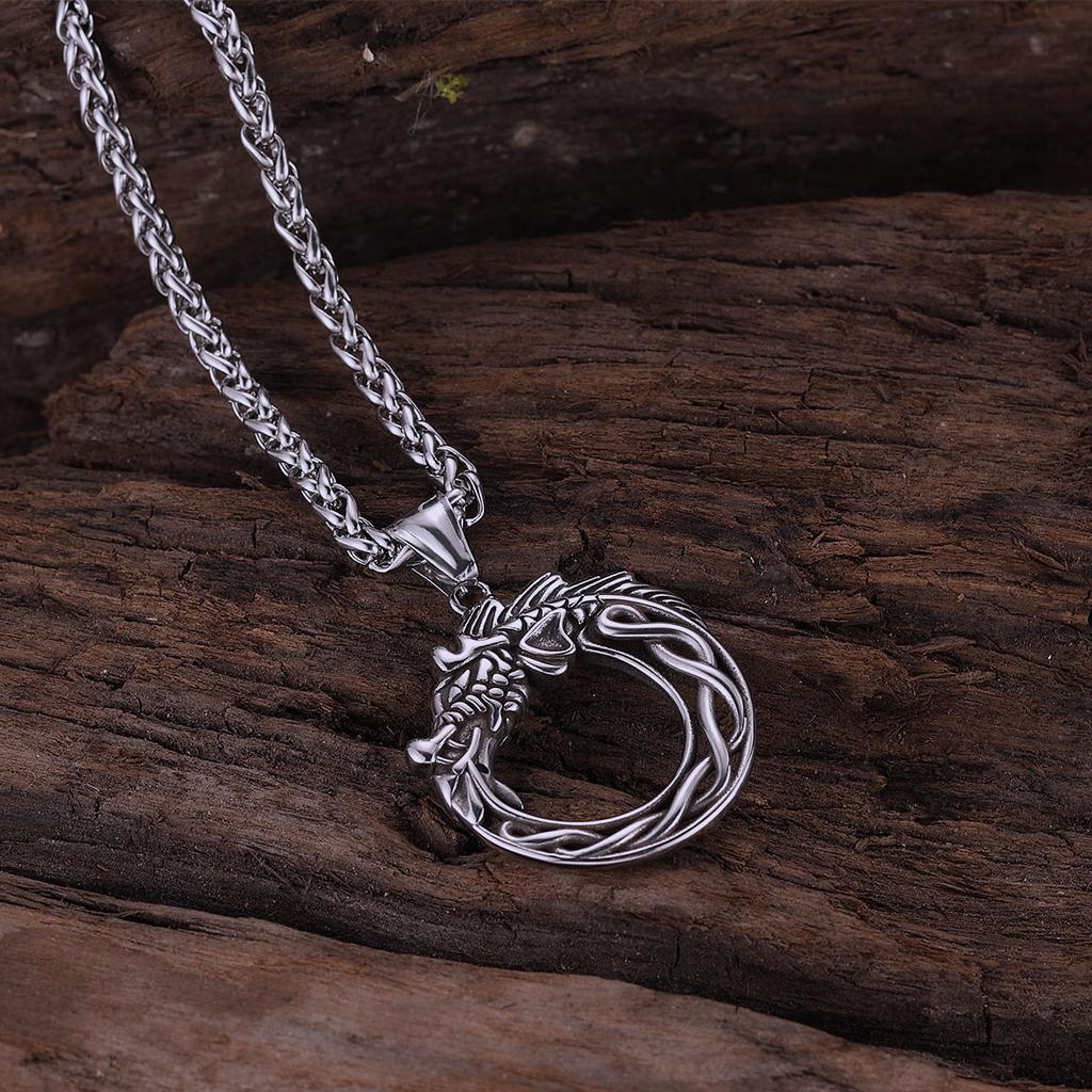 Stainless Steel Unique Vikings Dragon Ouroboros Necklace Men Punk Hip Hop Nordic Mythology Snake Self-devourer Amulet Jewelry