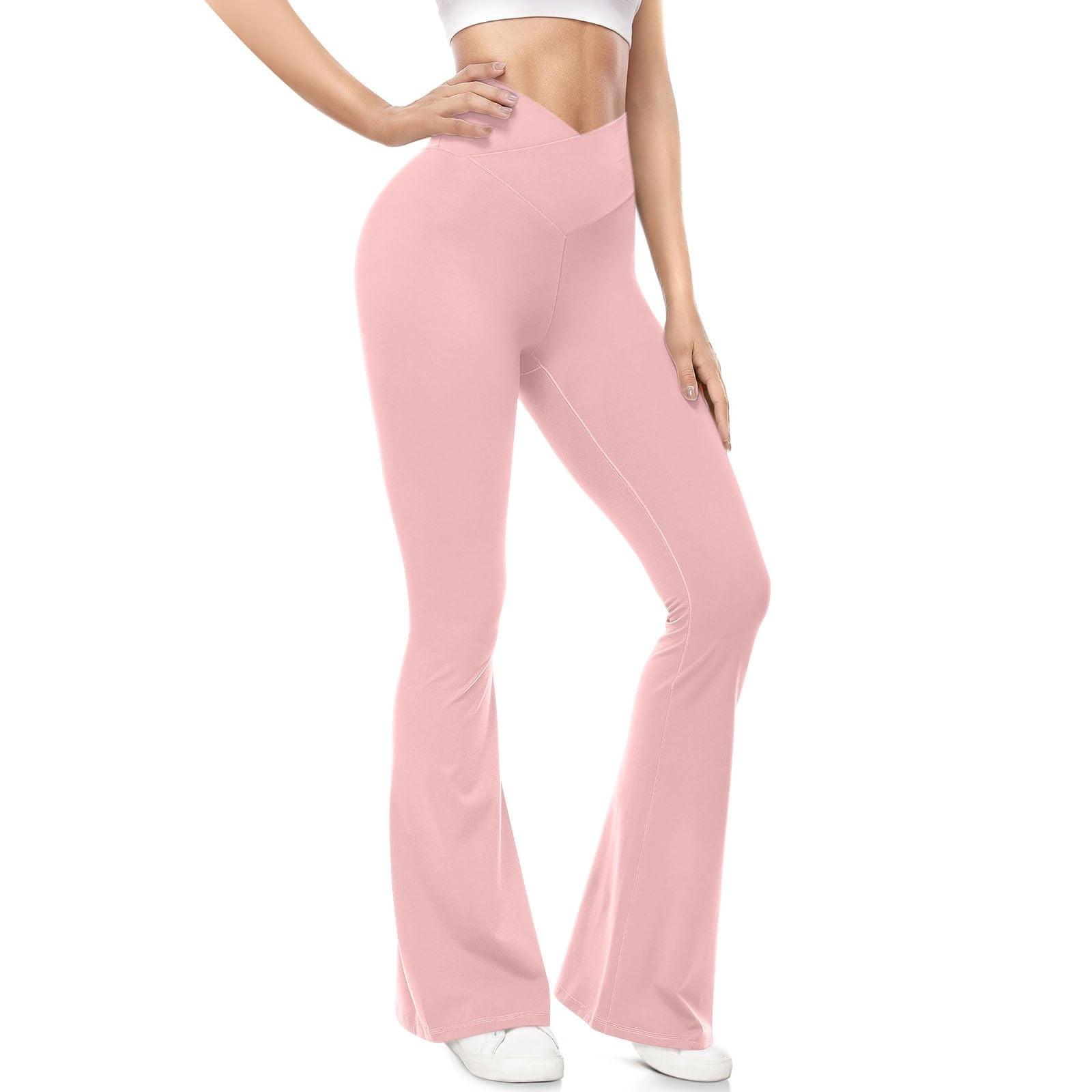 

Расклешенные леггинсы для женщин, эластичные штаны для йоги, эластичные спортивные штаны с высокой талией, широкие брюки для платья L розовый