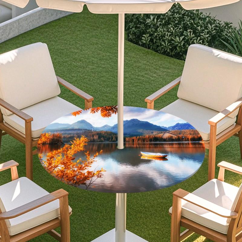 Outdoor Round Table Cover With Nature Print Waterproof Elastic Hem Patio Garden Deck