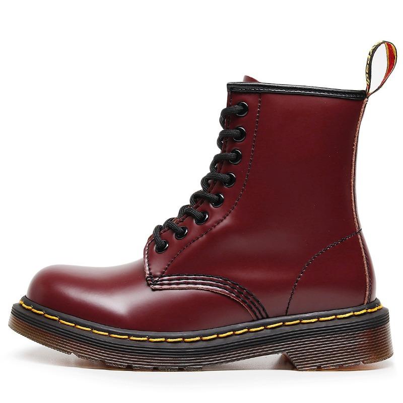 Botas de trabajo de caña alta clásicas de cuero duro con borde abierto y cuentas, botas cortas para hombre y mujer, botas de cuero brillante, zapatos de locomotora de punta redonda