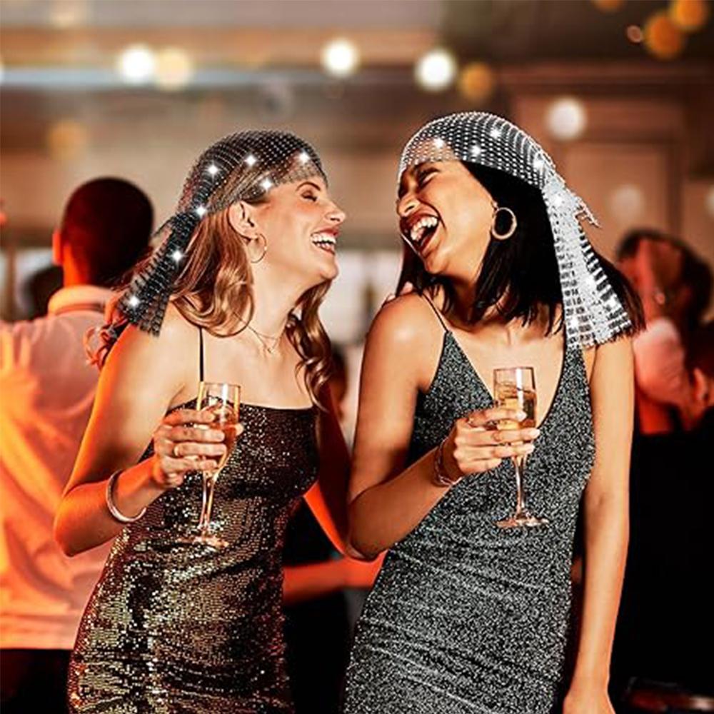 2Pcs Rhinestone Mesh Headband Head Scarfs For Women Girls Rave Hair Accessories