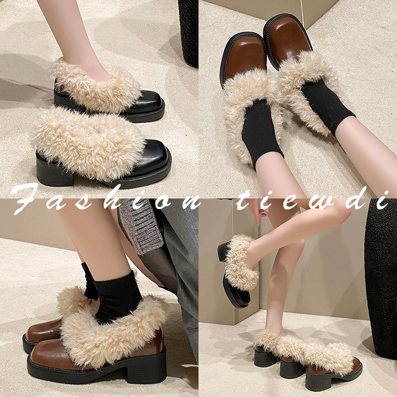 Schaffell-Version~ Dicke Ferse Retro Fluffy Schuhe Damen Kopf Echtleder Ein-Pedal Einzelne Schuhe Winter Samt Warm Kleine Lederschuhe