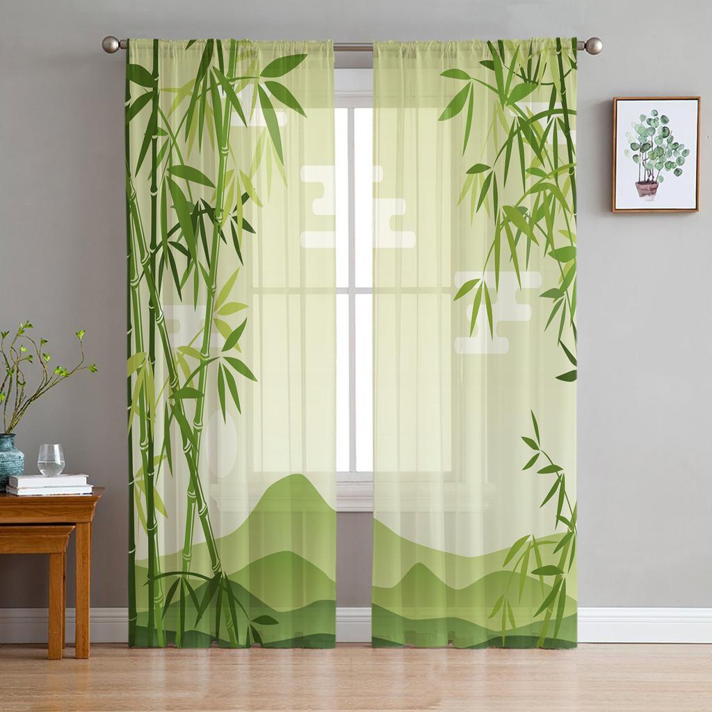Bamboo Tree Green Plant Sheer Curtains for Living Room Transparent Tulle Window Curtain Bedroom Kitchen Home Decor Veil Drapes