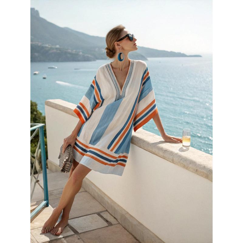 Women's V Neck Short Sleeve Midi Dress Loose Fit Relaxed Waist Elegant British Style 3D Printed Beach Coverup Casual Vacation Dress