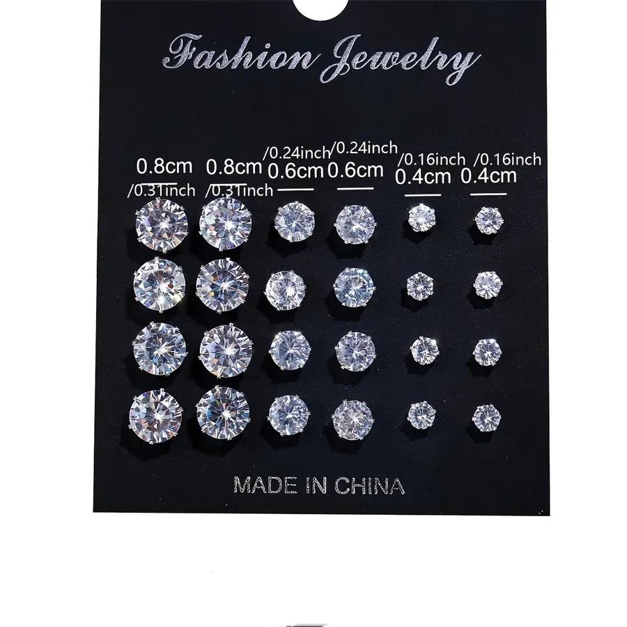 12 Pairs White Shiny Wedding Stud Earrings Set | CZ Cubic Zirconia Unisex Hypoallergenic Jewelry