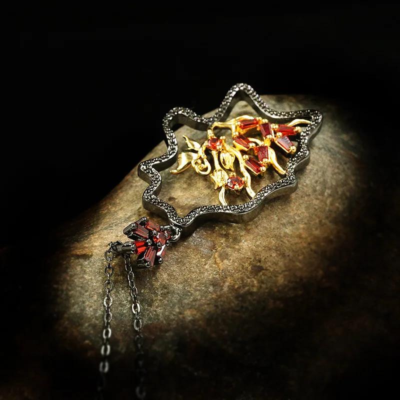 Ladies Geometric Irregular Shape Pendant Hollow Design Jewelry Red Zircon Necklace Italian Luxury Ladies Necklace Sweater Chain