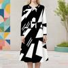 Women Plus Size Round Neck Long Sleeve Black White Printed Two Piece Dress Set