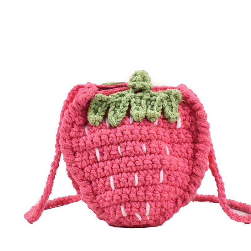 Adorável Porta-moedas Infantil Tricotado à Mão Bolsa Mini Transversal Fofa de Morango Para Meninas