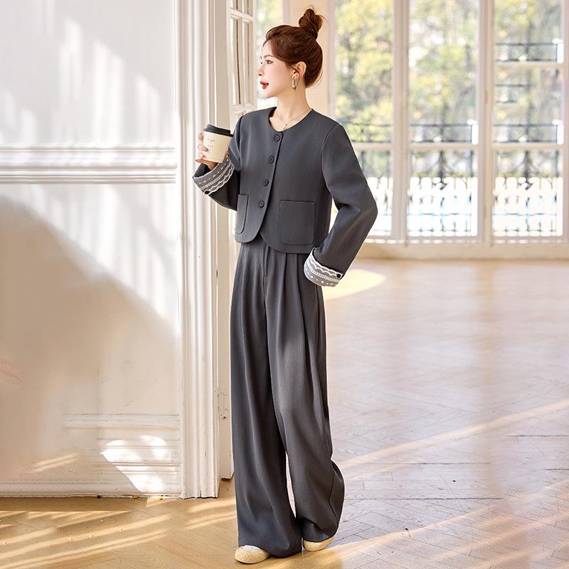 2025 Spring Lace Patchwork Jacket & Wide-Leg Pants Set