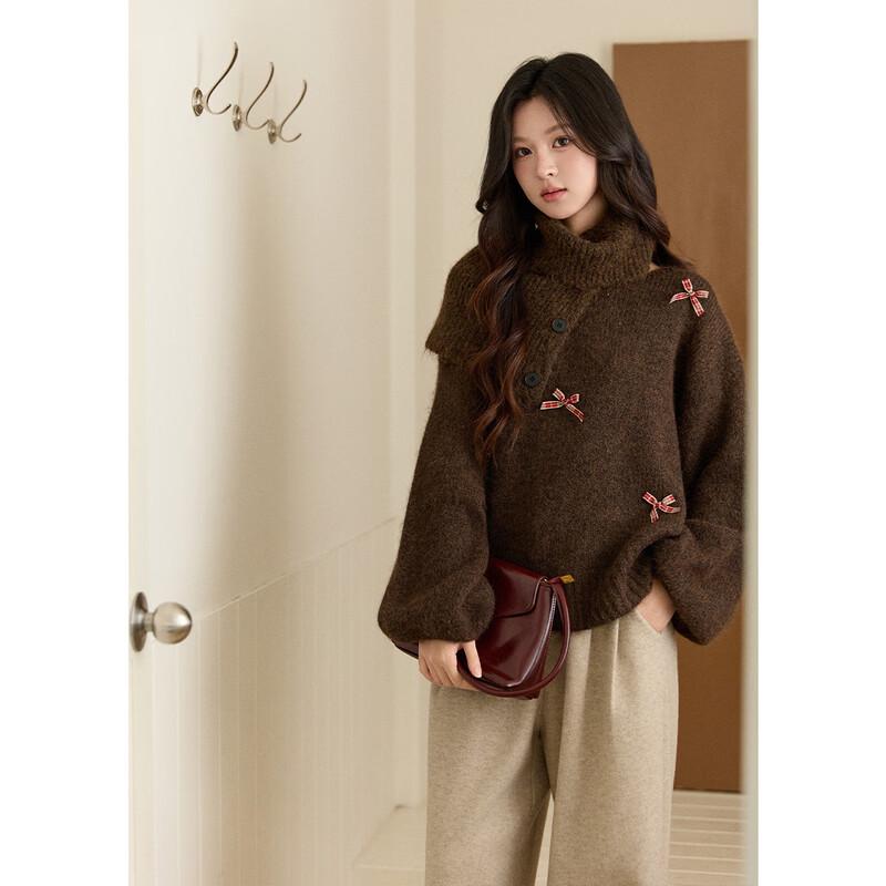 Women's French Retro Plaid Bowknot Sweater with Detachable Collar