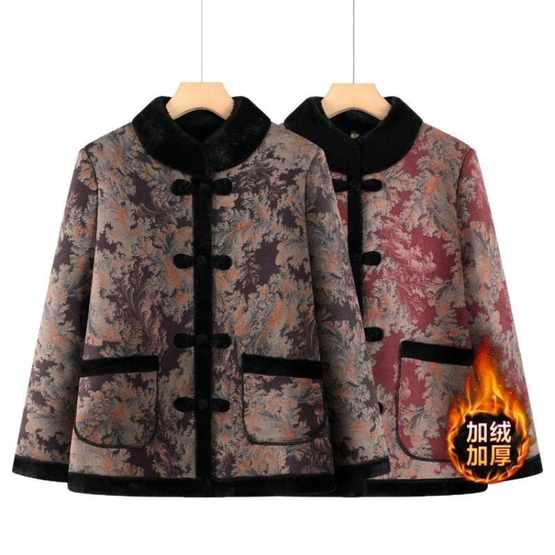 Middle-aged and old velvet floral jacket, padded jacket, thickened top to keep warm, Chinese-style disc-buckled padded jacket, padded coat women