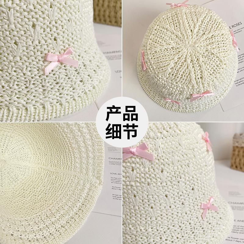 Bow Woven Fisherman'S Hat Children Summer Hollow Breathable Straw Hat Sunshade Sunscreen Bucket Hat Showing Face Small Basin Hat