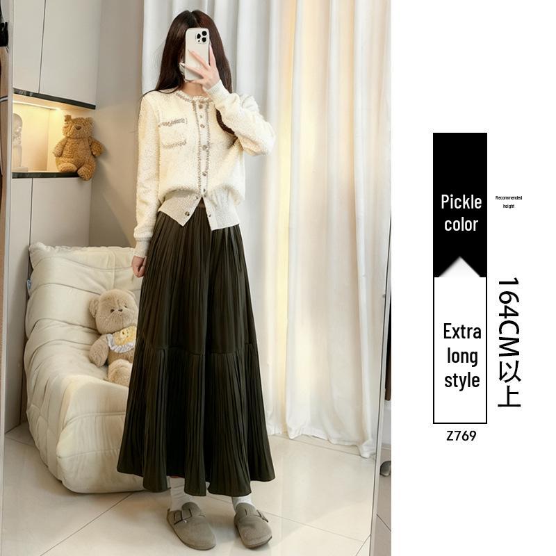 Women's Black Gold Velvet A-line Pleated Midi Skirt, High Waist, Spring/Autumn 2026