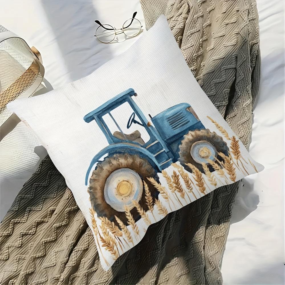Blue Tractor & Wheat Field Pillow Cover, Farmhouse Style Cushion Case For Sofa Bedroom Home Decor Gift 45X45Cm