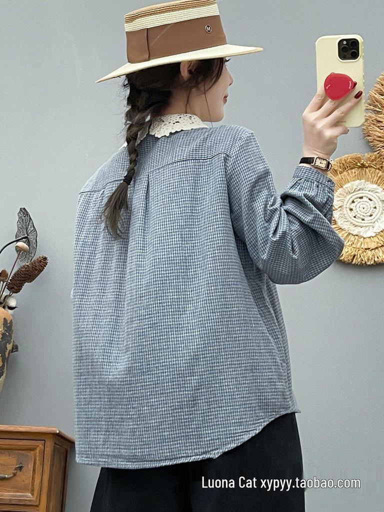 Women's Long Sleeve Plaid Shirt with French Lace Collar, Soft Skin-Friendly Double Layer Cotton