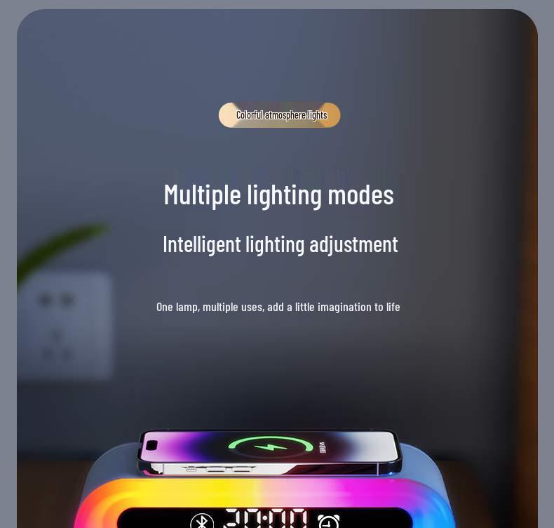 2025 Multifunktionales kabelloses Ladegerät & Bluetooth-Lautsprecher mit buntem Nachtlicht & Wecker - Ideales Geschäftsgeschenk für Gäste