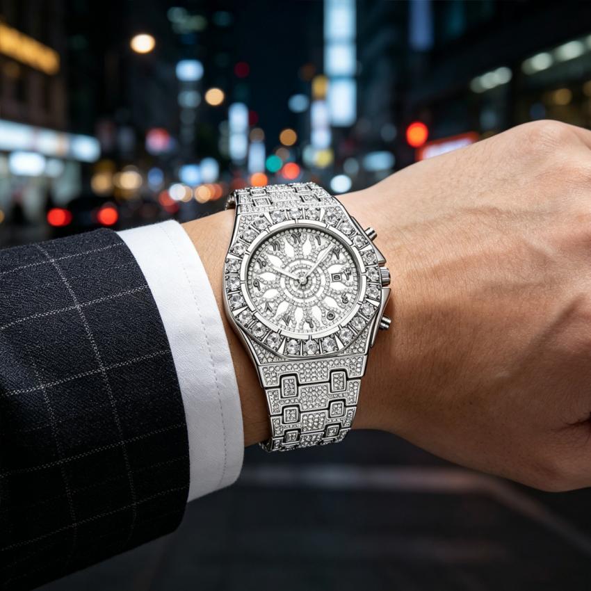 Hip Hop Wristwatch For Men Luxury Ice Out Full Diamond Watches Fashion Green Watch Waterproof Week Display Clock