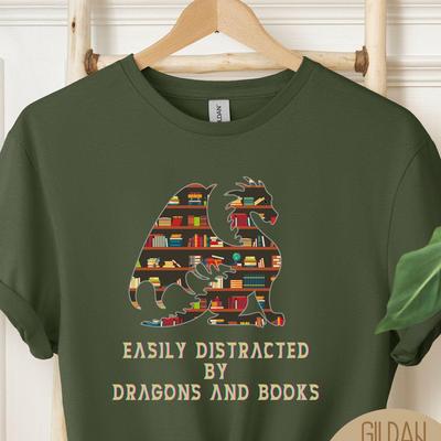 Easily Distracted by Dragons & Books T-Shirt, Dragon Shirt, Book Nerd Tee, Book Lover Gift, Book Addict, Funny Reading Shirt, Book Club Gift
