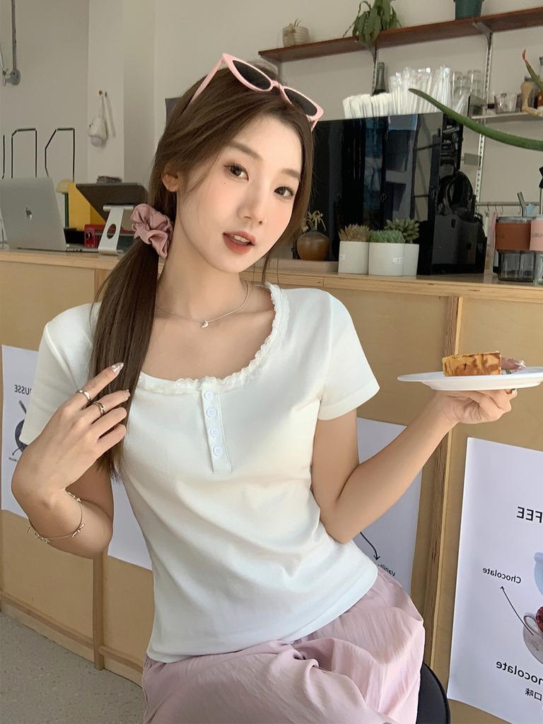 Pure Lace Edge U-neck Short-sleeved T-shirt Women's Summer New Clavicle Button Slim-fitting Bottom Top