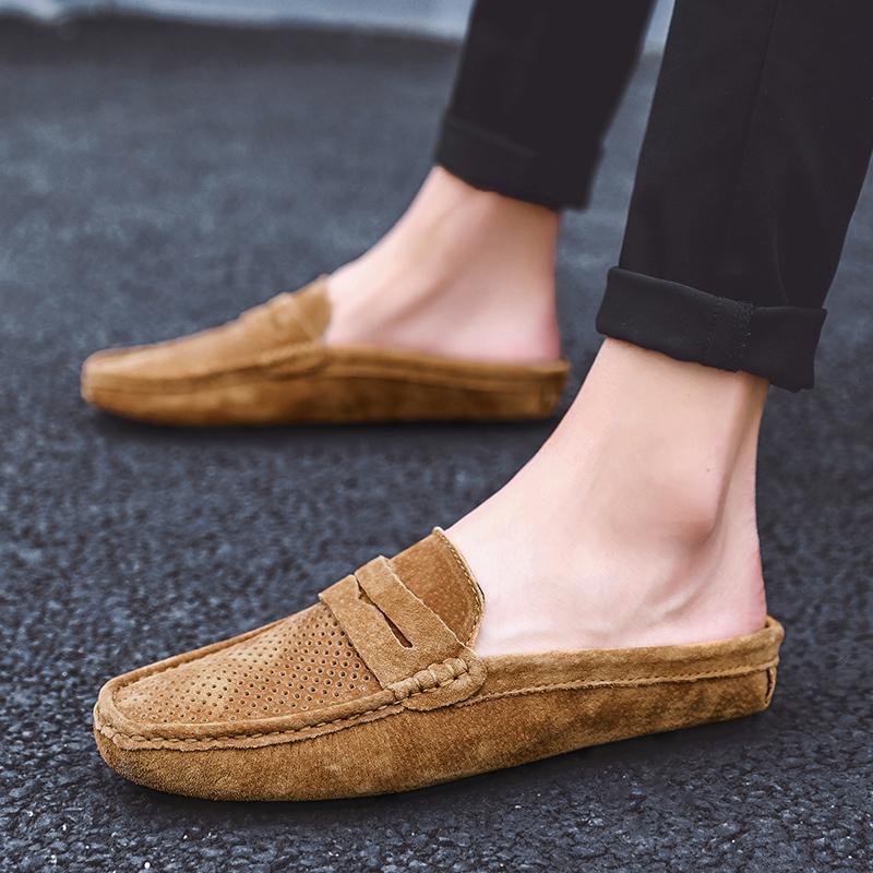 Fashion Suede Leather Male Muller Shoes Classic Breathable Men Slippers Simple Comfy Half Flats Lazy Shoes Soft Handmade Casual Footwear