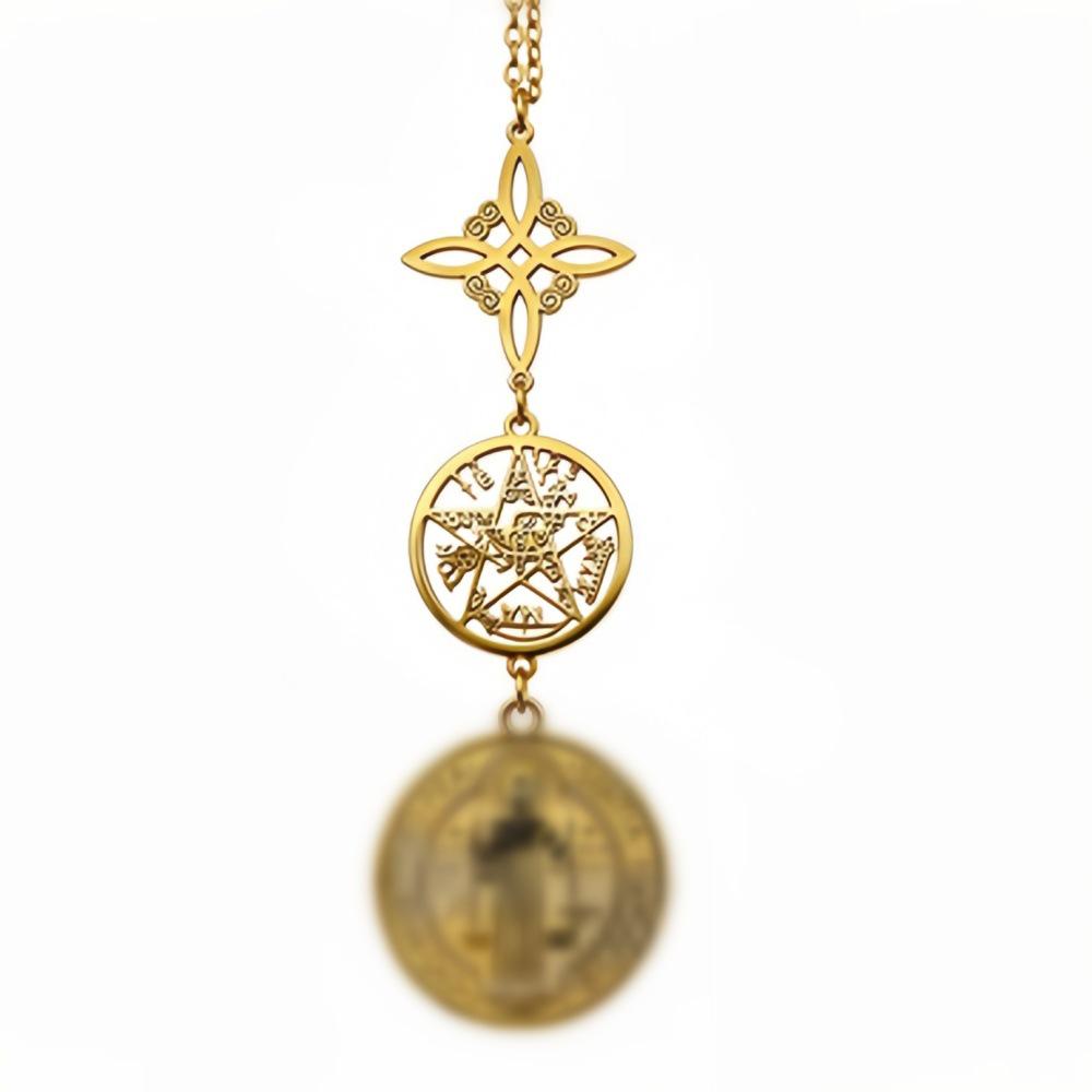 Stainless Steel Saint Benedict & Witch Knot Double-Sided Pendant Necklace